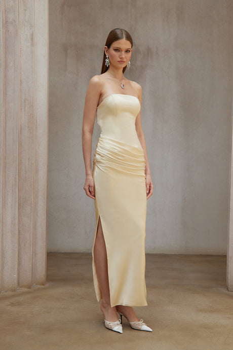 Aurohaya Adélade Yellow Ruched Satin Corset Maxi Dress