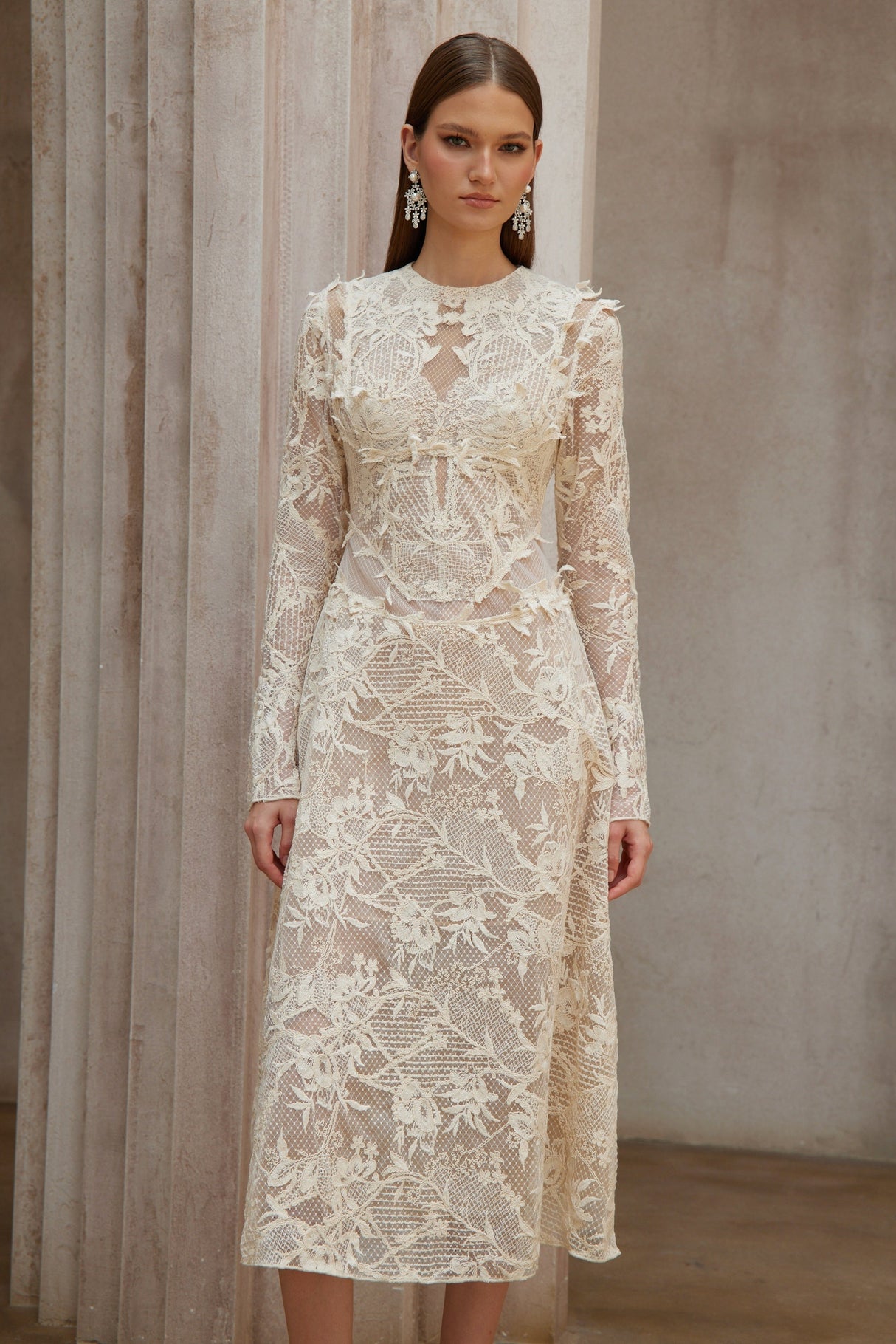 Aurohaya Amber White Long Sleeve Floral Lace Midi Dress