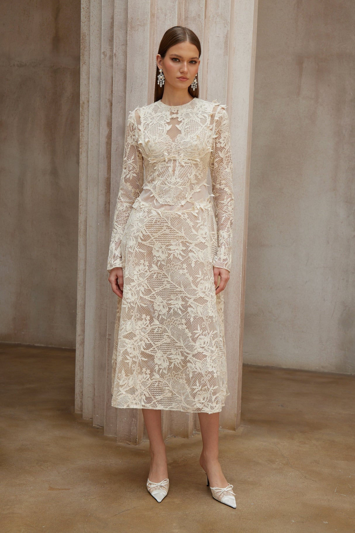 Aurohaya Amber White Long Sleeve Floral Lace Midi Dress