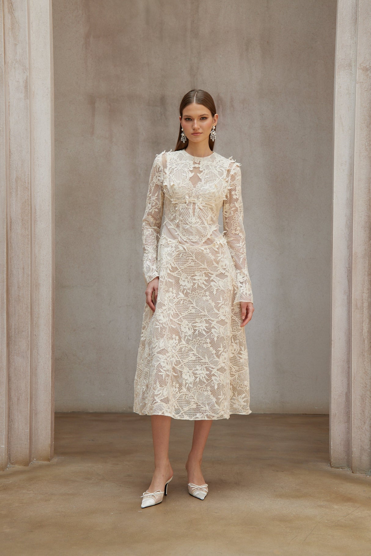 Aurohaya Amber White Long Sleeve Floral Lace Midi Dress