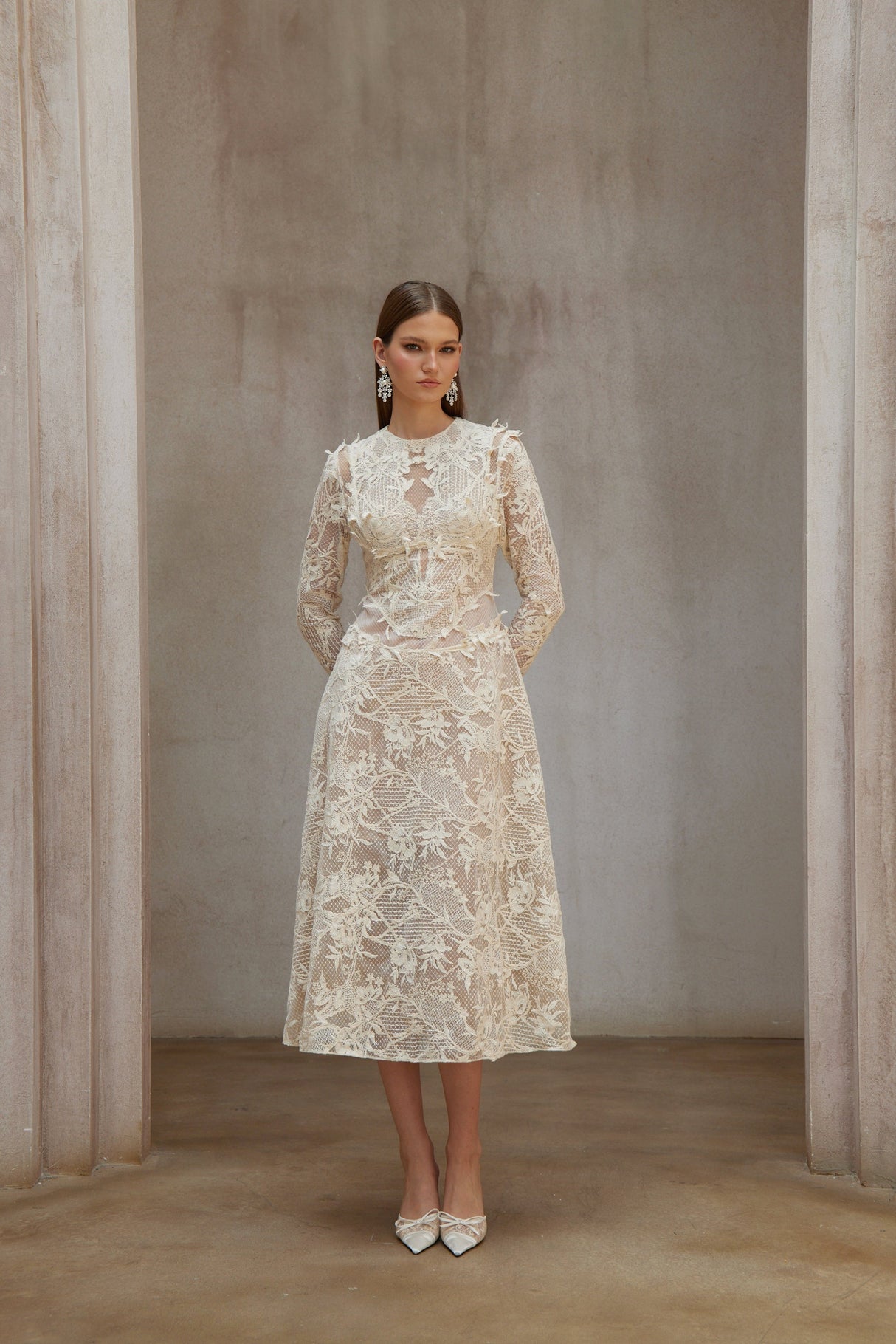 Aurohaya Amber White Long Sleeve Floral Lace Midi Dress