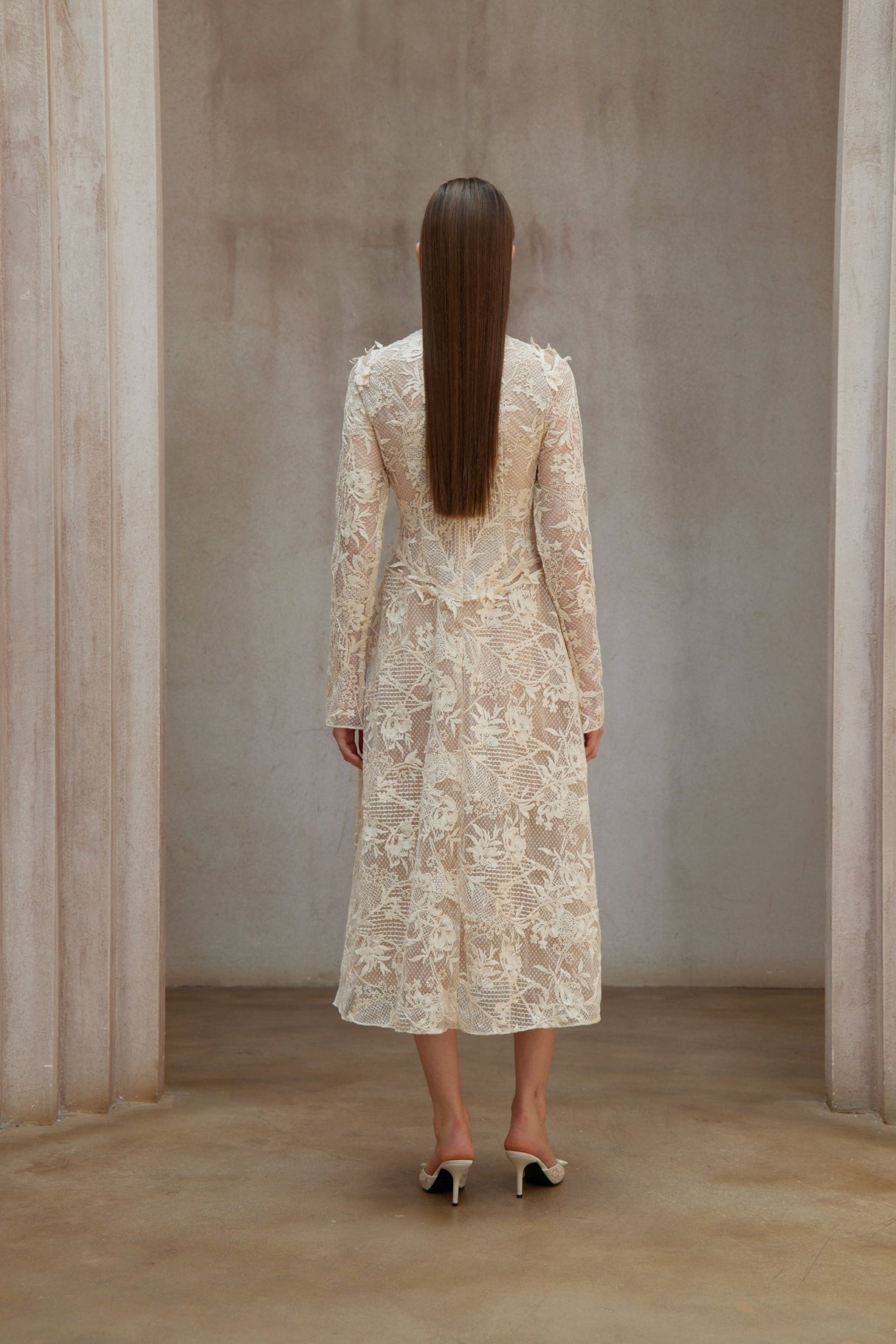 Aurohaya Amber White Long Sleeve Floral Lace Midi Dress