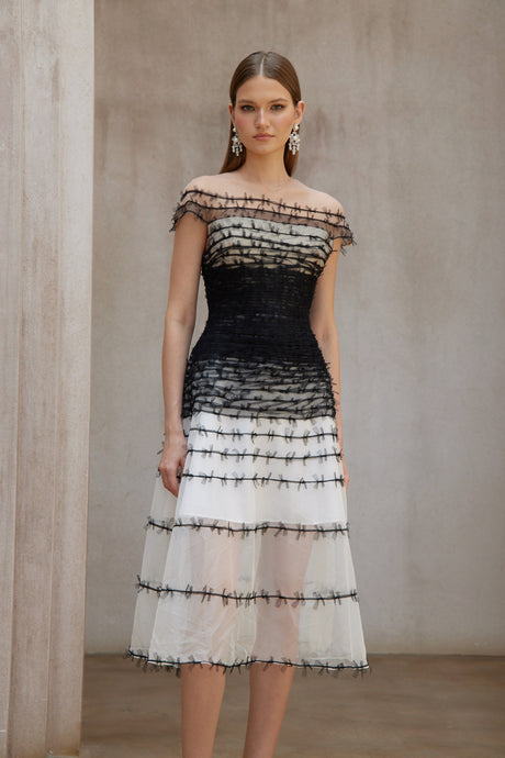 Aurohaya Eléonore Color Block Tulle Midi Dress