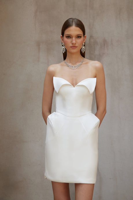 Aurohaya Alba White Barrel Waist Corset Mini Dress
