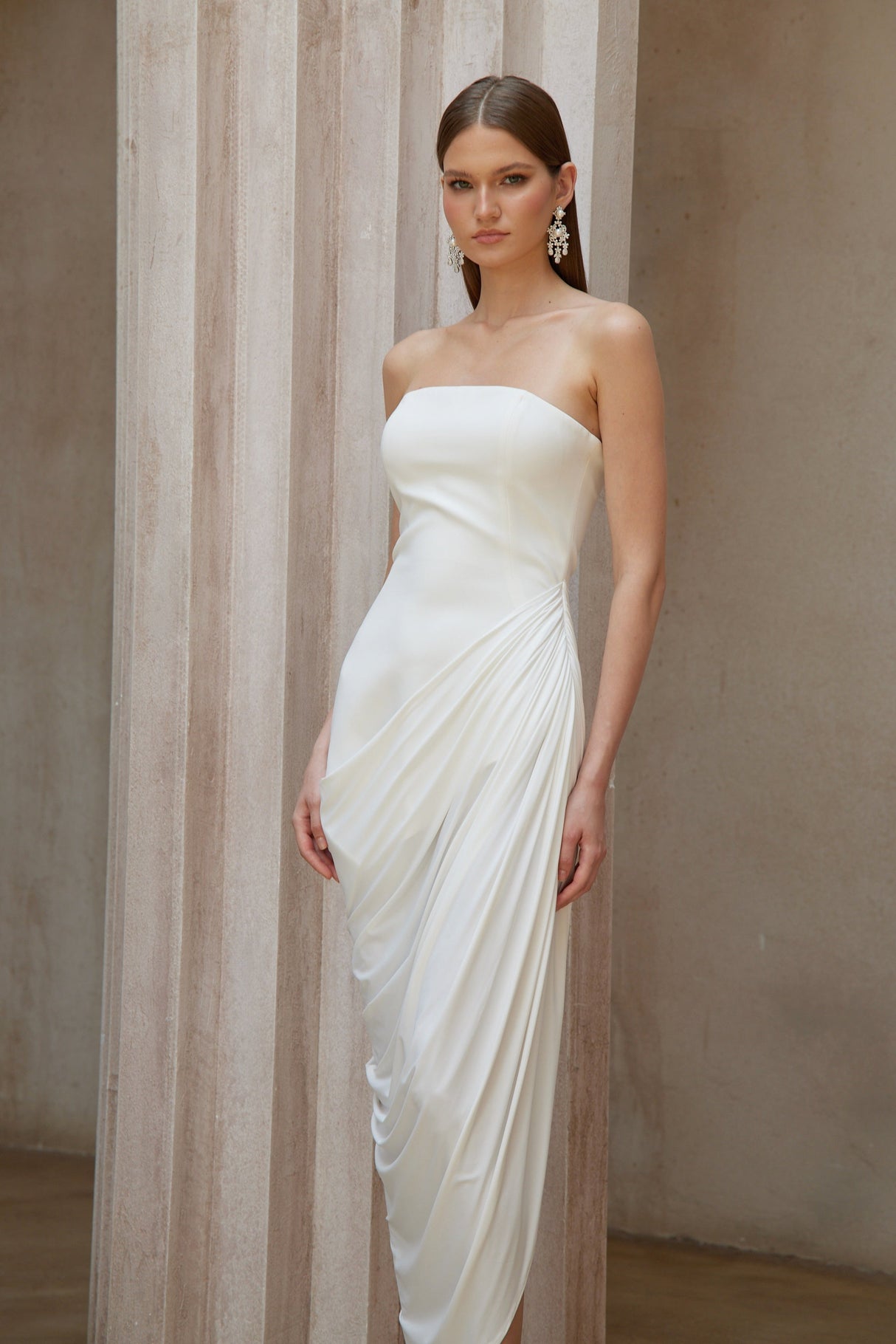 Aurohaya Wanda White Asymmetrical Ruched Midi Dress