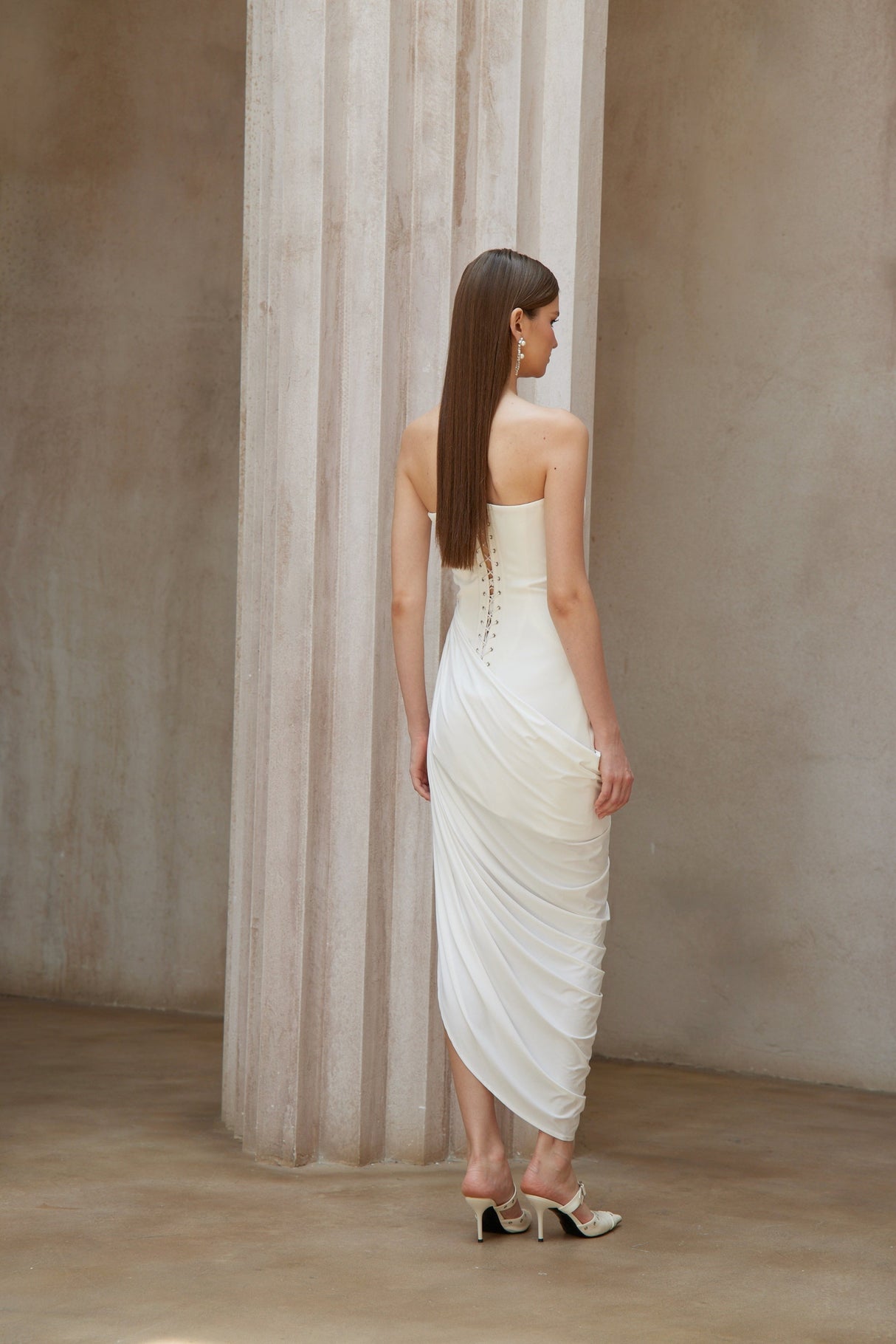 Aurohaya Wanda White Asymmetrical Ruched Midi Dress