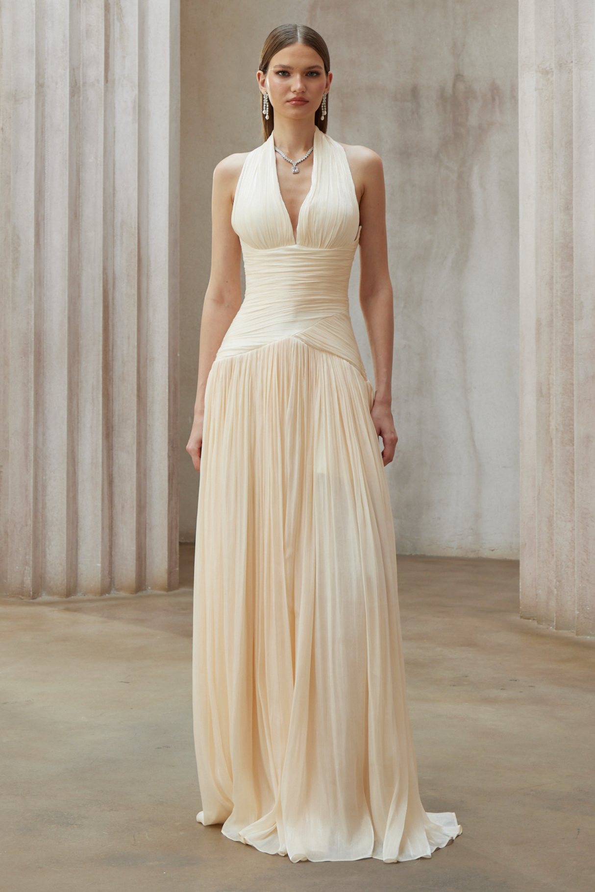 Aurohaya Verdelune Neutral Gathered Maxi Dress