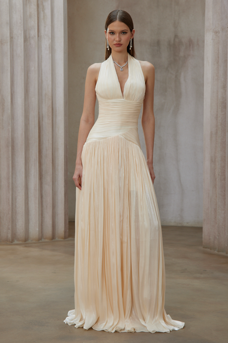 Aurohaya Verdelune Neutral Gathered Maxi Dress