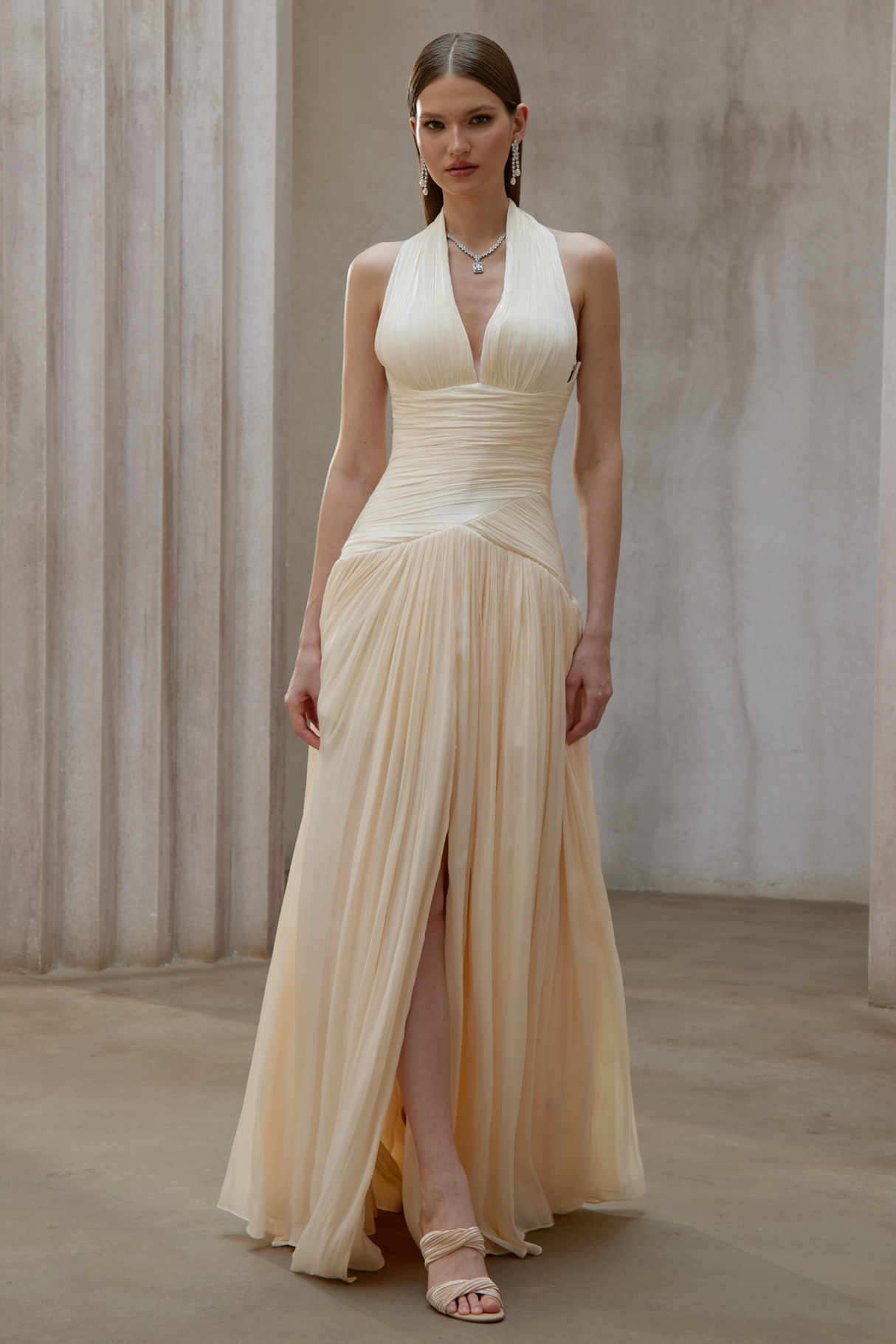 Aurohaya Verdelune Neutral Gathered Maxi Dress