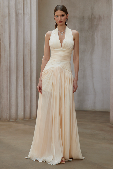 Aurohaya Verdelune Neutral Gathered Maxi Dress