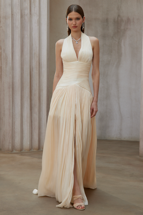 Aurohaya Verdelune Neutral Gathered Maxi Dress