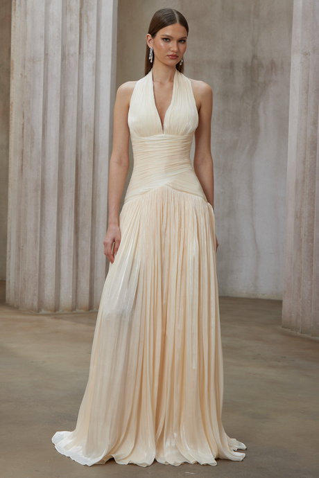 Aurohaya Verdelune Neutral Gathered Maxi Dress