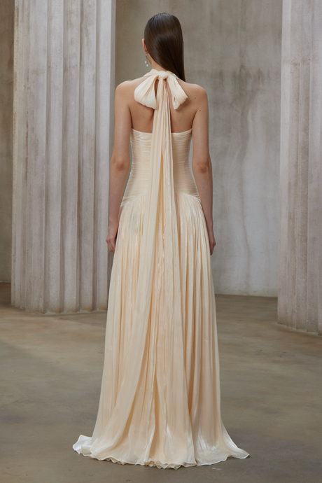 Aurohaya Verdelune Neutral Gathered Maxi Dress