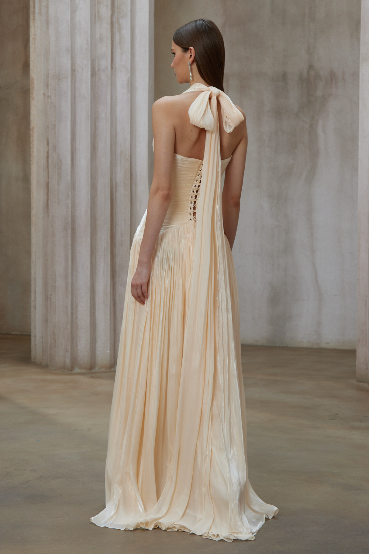 Aurohaya Verdelune Neutral Gathered Maxi Dress