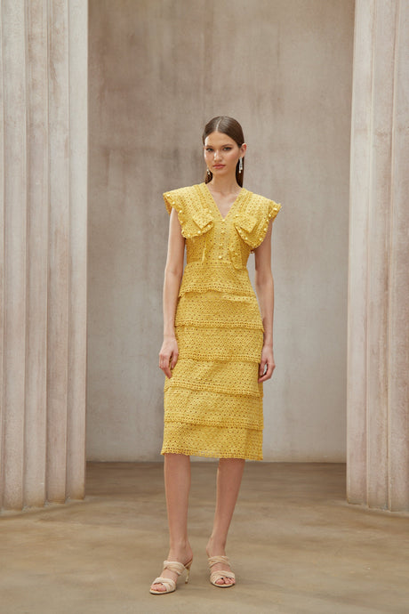 Aurohaya Fidji Yellow Layered Embroidered Midi Dress