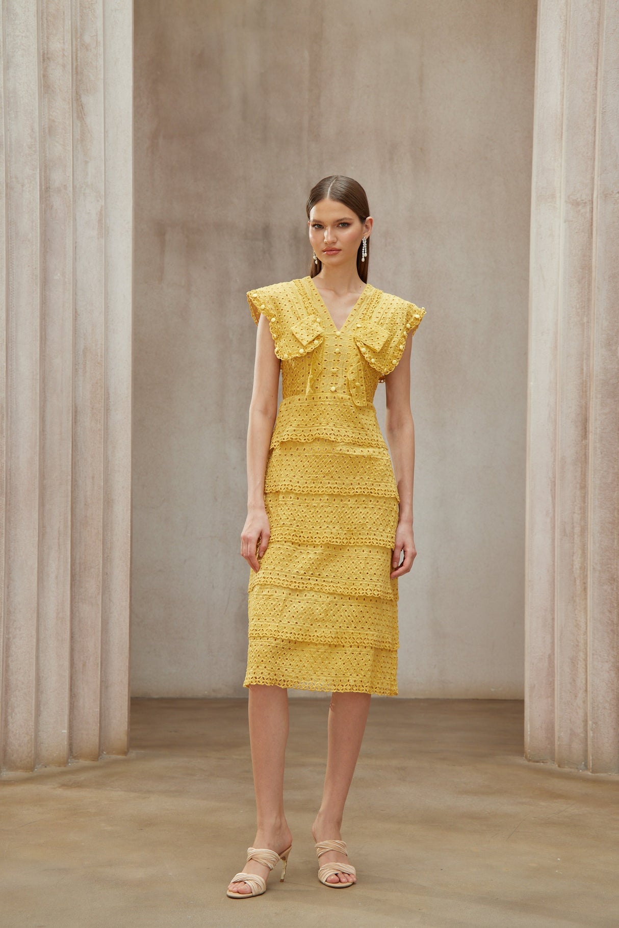 Aurohaya Fidji Yellow Layered Embroidered Midi Dress