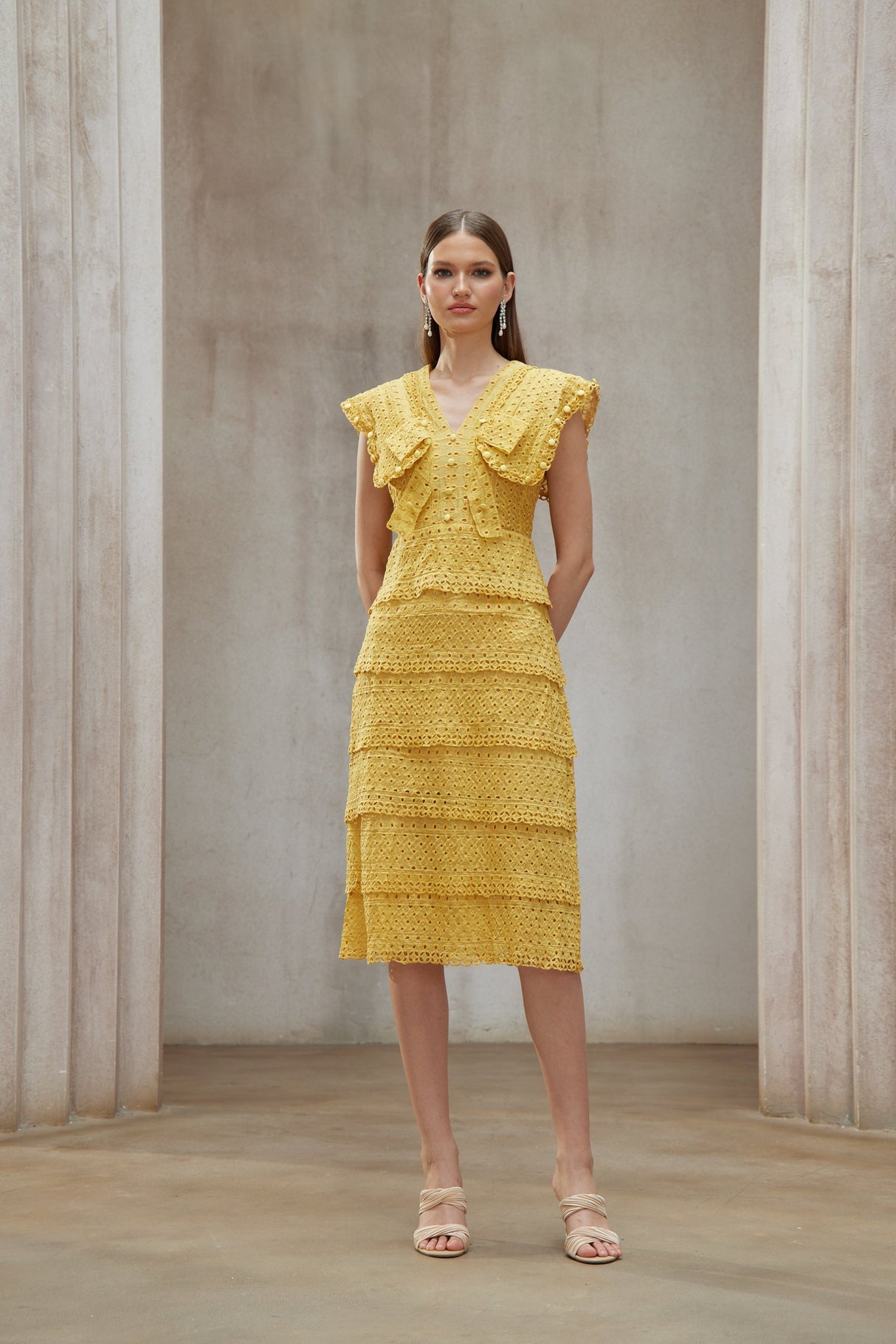 Aurohaya Fidji Yellow Layered Embroidered Midi Dress