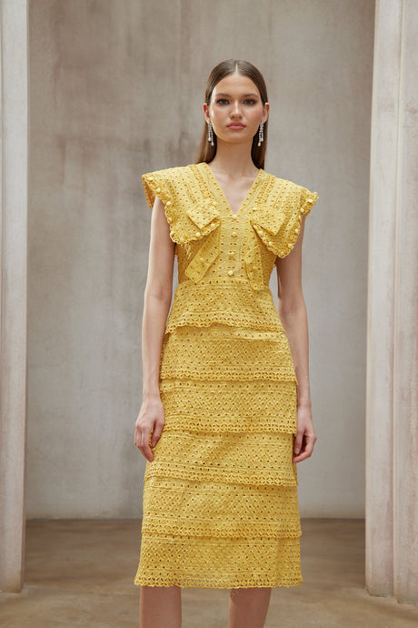 Aurohaya Fidji Yellow Layered Embroidered Midi Dress