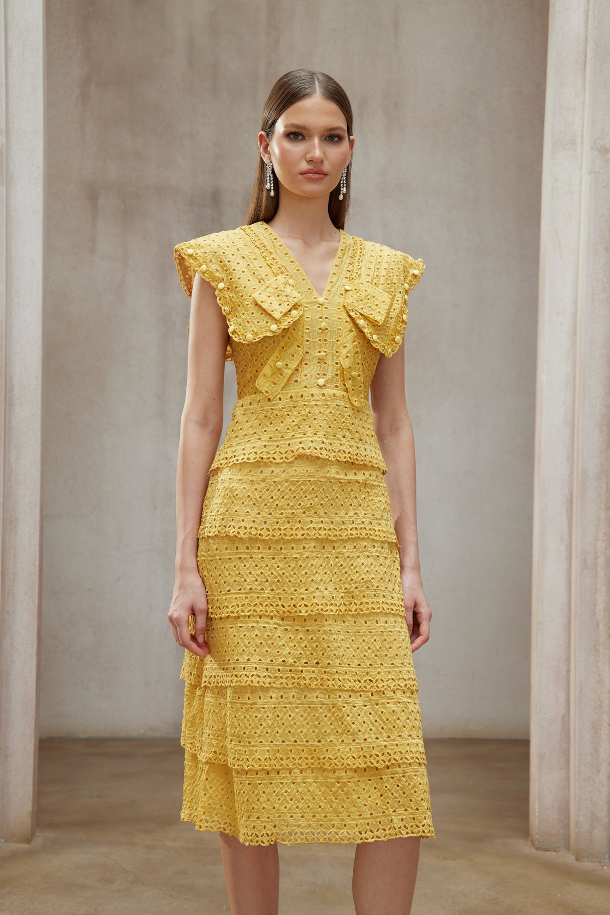 Aurohaya Fidji Yellow Layered Embroidered Midi Dress