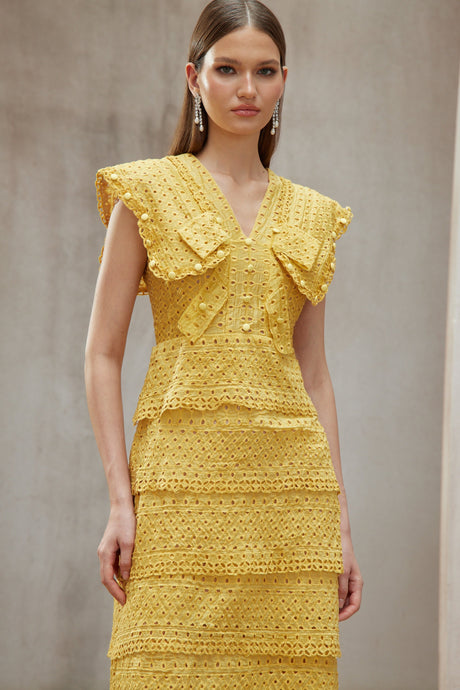 Aurohaya Fidji Yellow Layered Embroidered Midi Dress