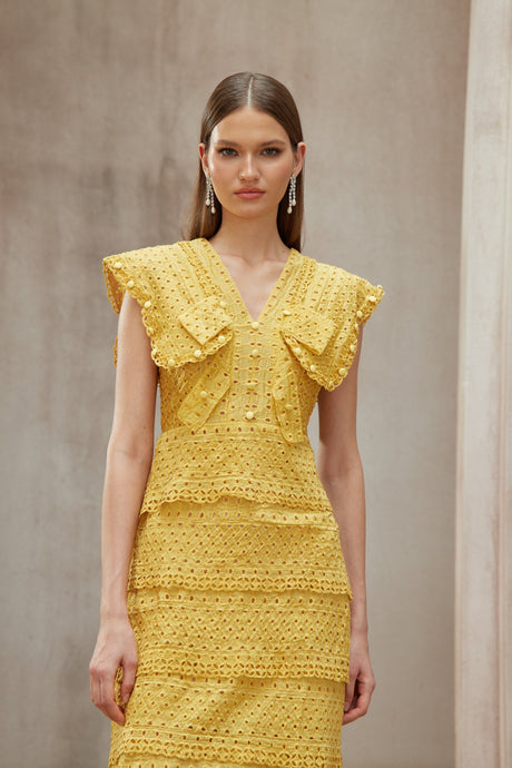 Aurohaya Fidji Yellow Layered Embroidered Midi Dress