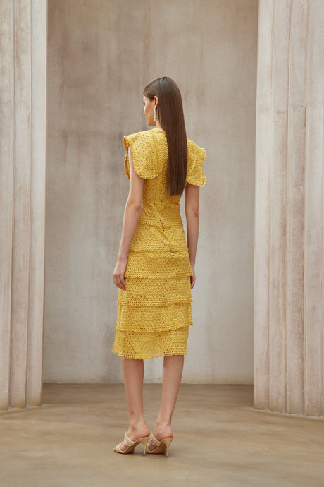Aurohaya Fidji Yellow Layered Embroidered Midi Dress
