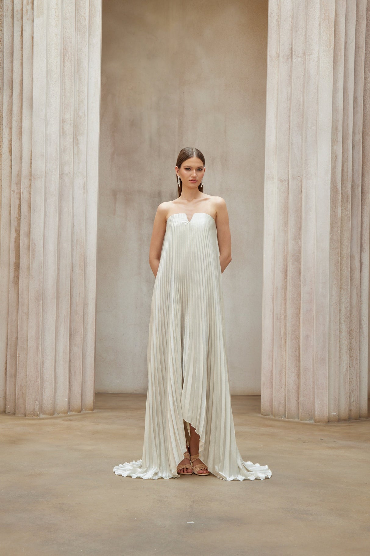 Aurohaya Satiné Gold Fully-pleated Maxi Dress