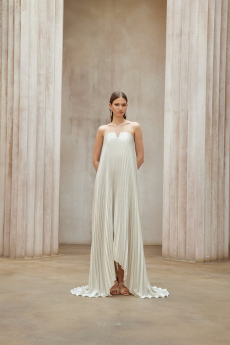 Aurohaya Satiné Gold Fully-pleated Maxi Dress