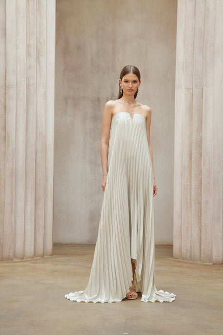 Aurohaya Satiné Gold Fully-pleated Maxi Dress