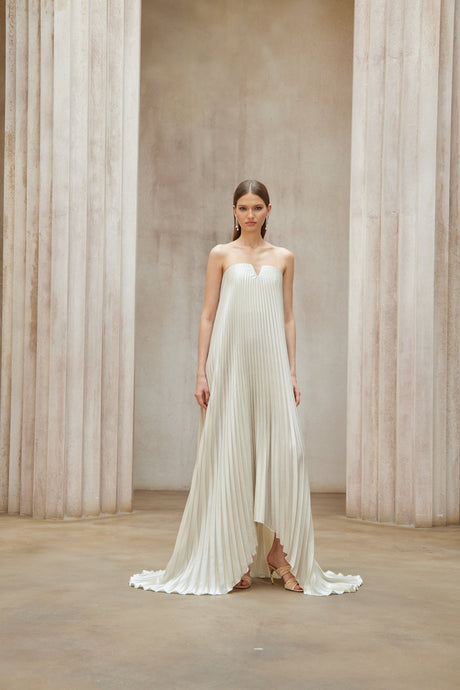 Aurohaya Satiné Gold Fully-pleated Maxi Dress