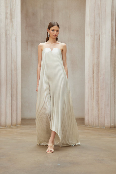 Aurohaya Satiné Gold Fully-pleated Maxi Dress