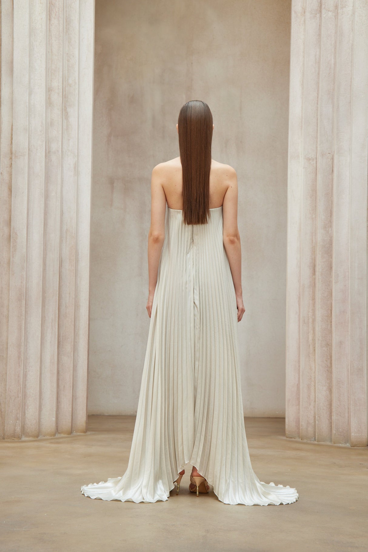 Aurohaya Satiné Gold Fully-pleated Maxi Dress