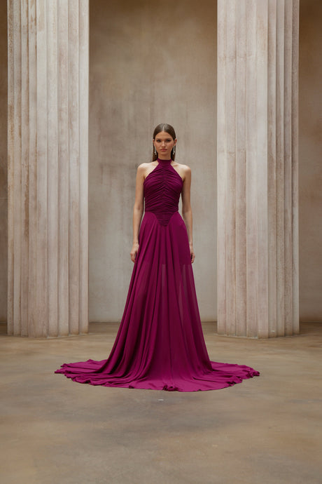 Aurohaya Kerstin Purple Train Design Ruched Maxi Dress