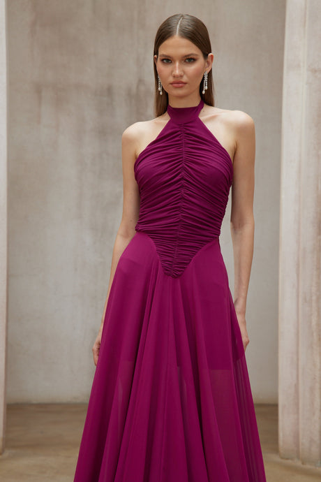 Aurohaya Kerstin Purple Train Design Ruched Maxi Dress