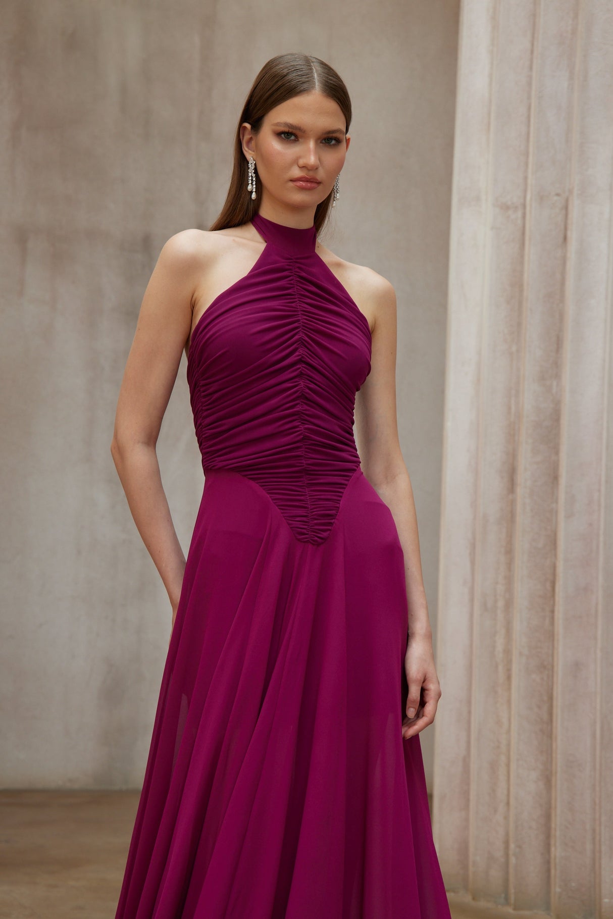 Aurohaya Kerstin Purple Train Design Ruched Maxi Dress