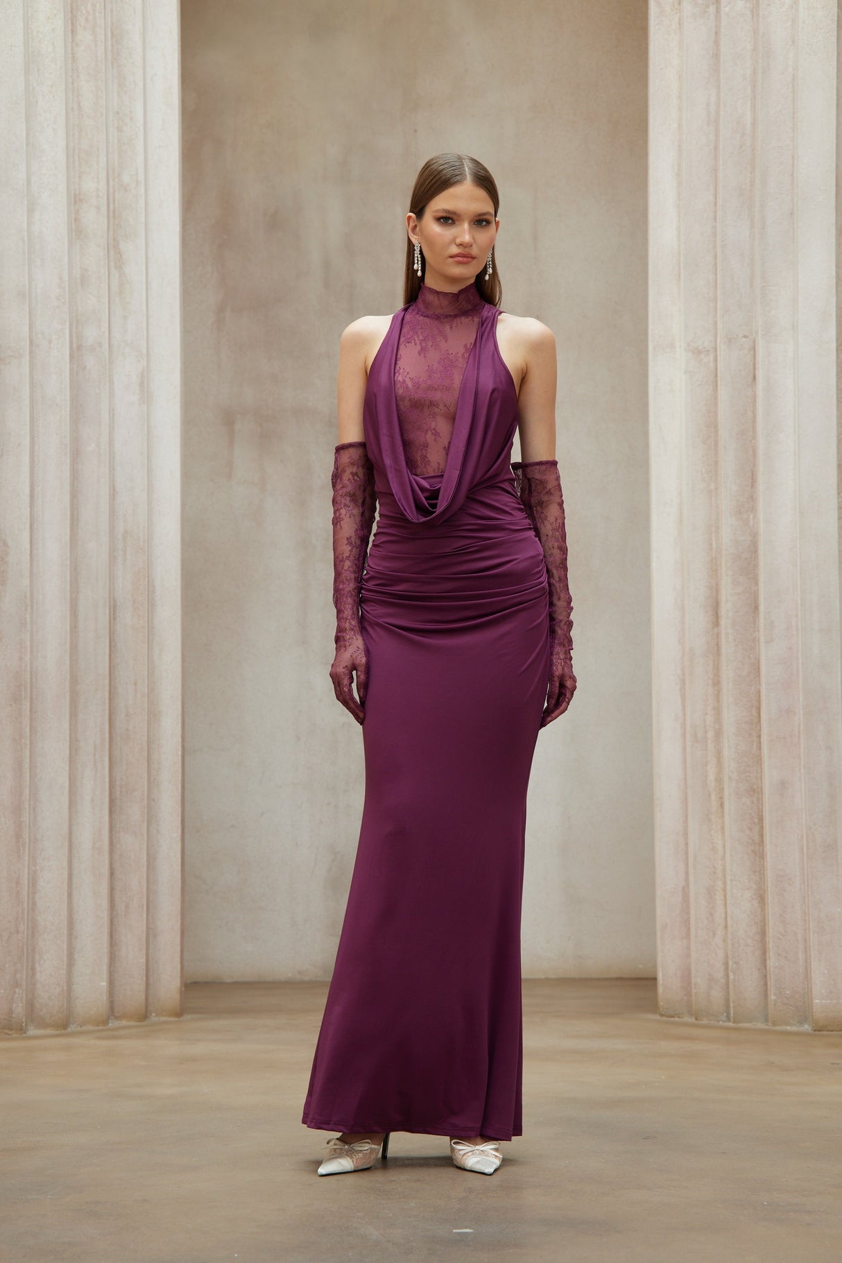 Aurohaya Borbála Magenta Lace Bodice Ruched Maxi Dress