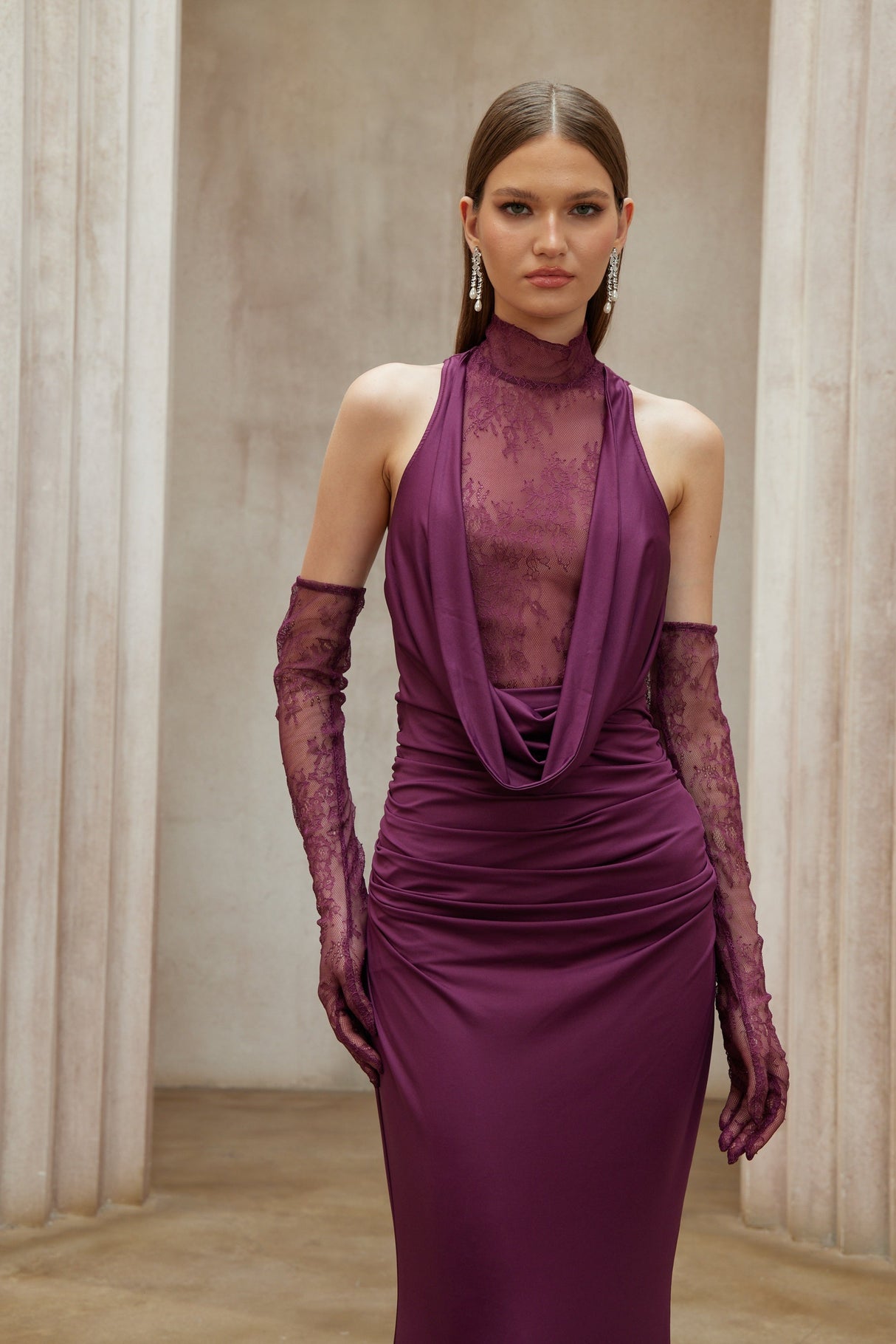 Aurohaya Borbála Magenta Lace Bodice Ruched Maxi Dress