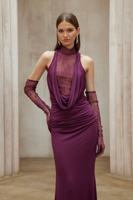 Aurohaya Borbála Magenta Lace Bodice Ruched Maxi Dress