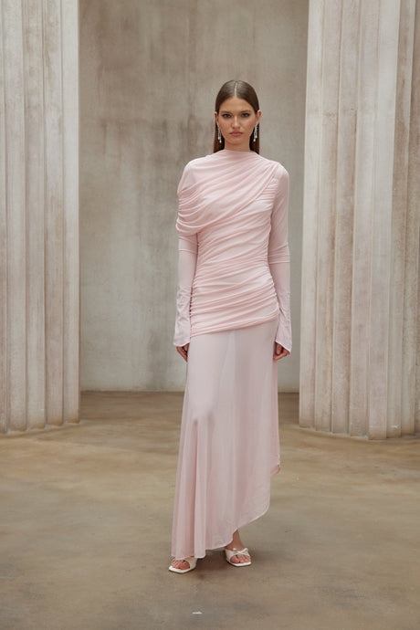 Aurohaya Garance Pink Asymmetrical Ruched Mesh Maxi Dress