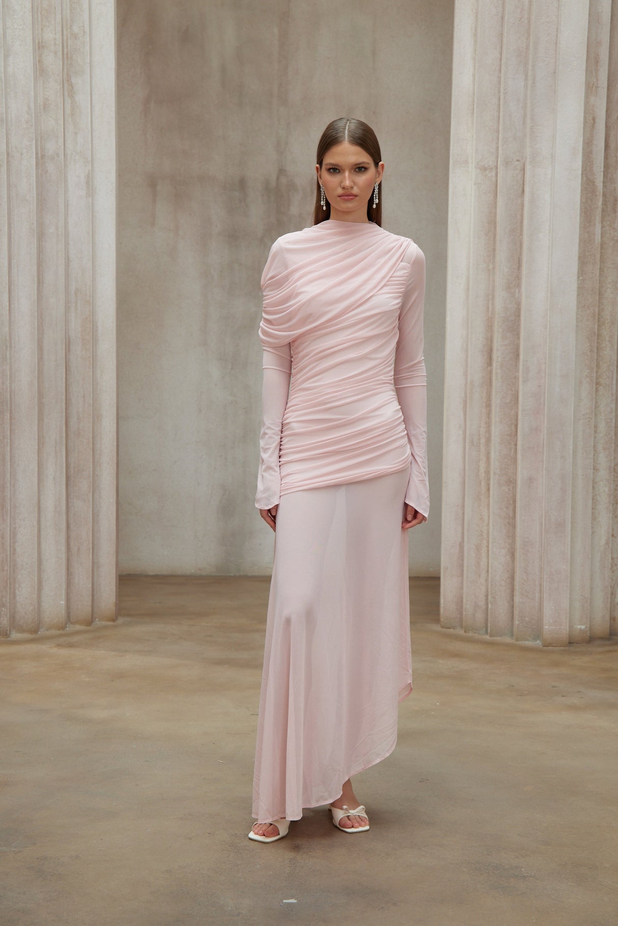 Aurohaya Garance Pink Asymmetrical Ruched Mesh Maxi Dress