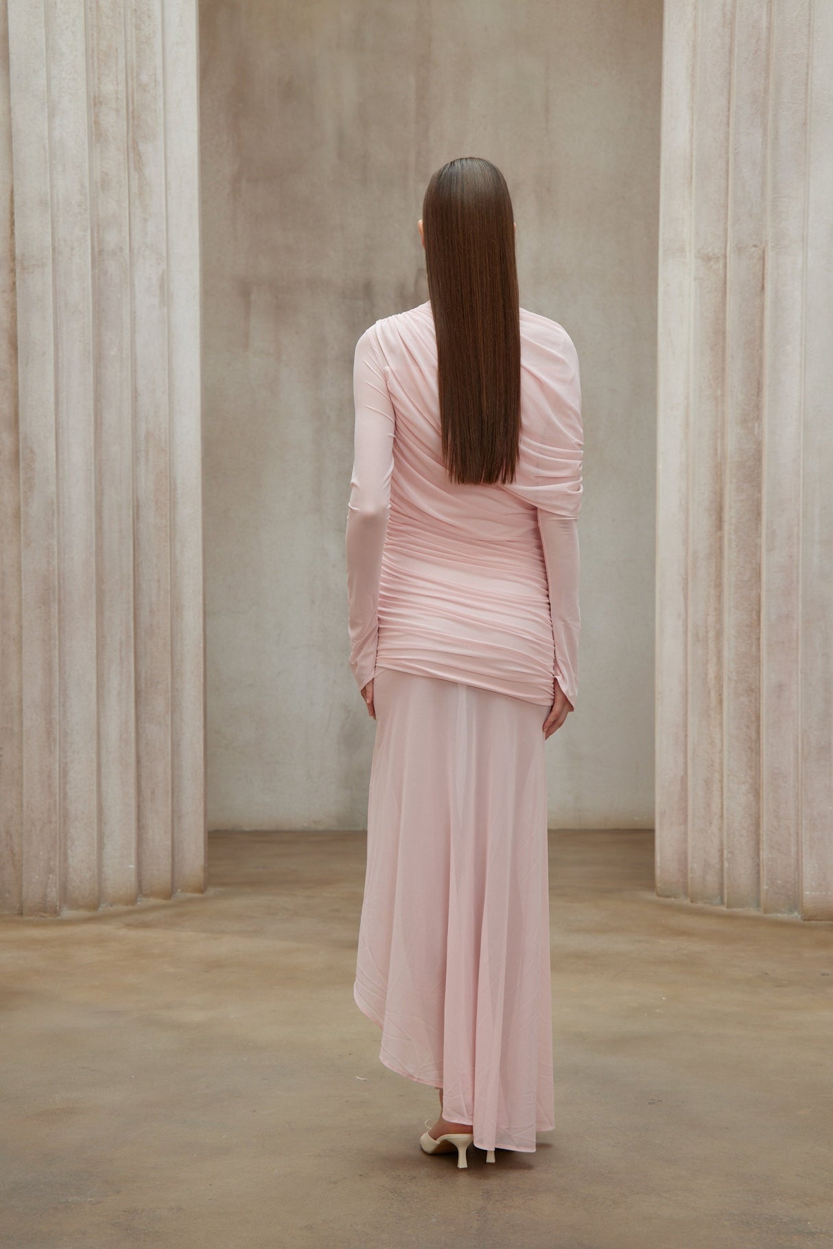 Aurohaya Garance Pink Asymmetrical Ruched Mesh Maxi Dress