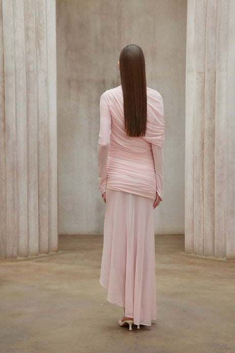 Aurohaya Garance Pink Asymmetrical Ruched Mesh Maxi Dress