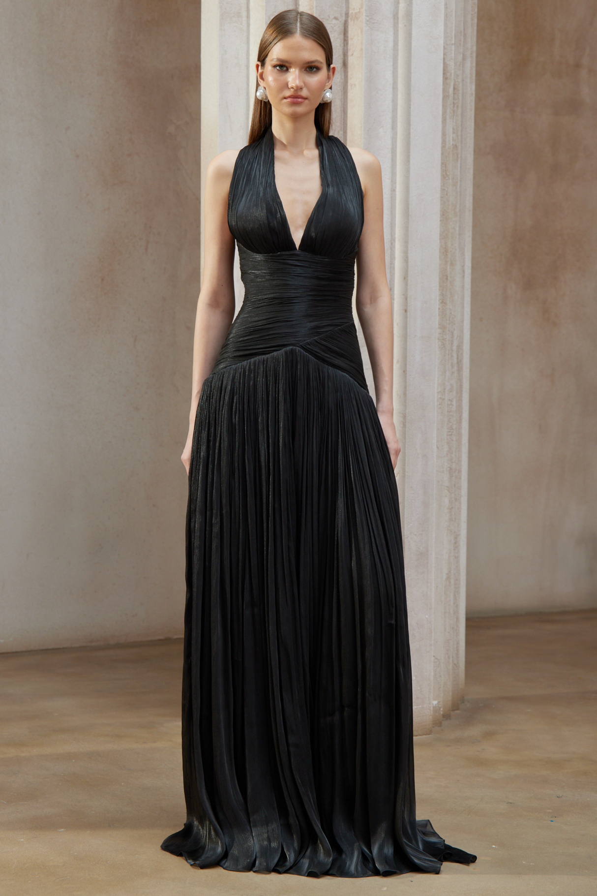 Aurohaya Verdelune Black Gathered Maxi Dress