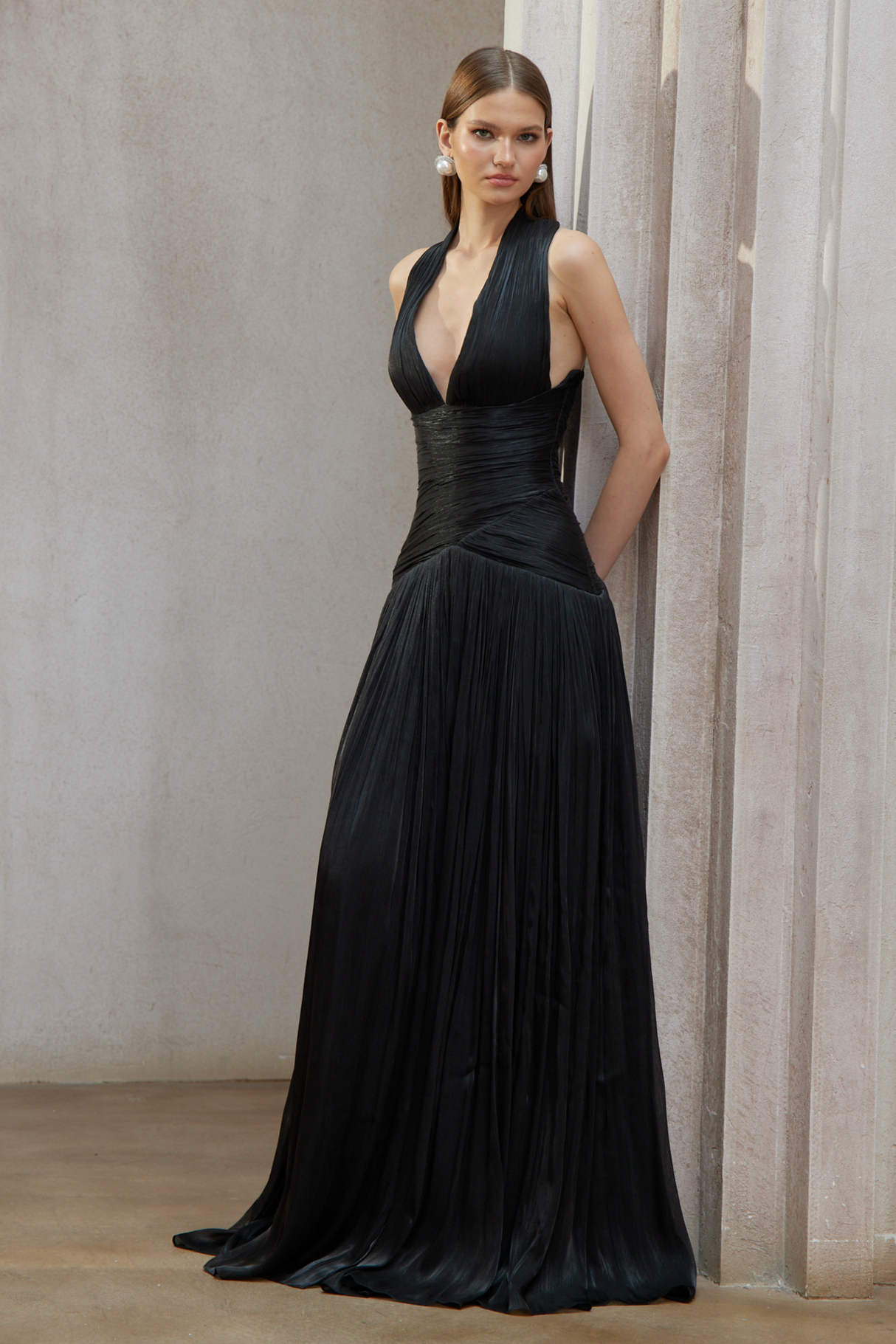 Aurohaya Verdelune Black Gathered Maxi Dress