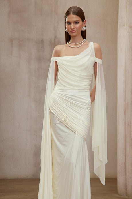 Aurohaya Aurianne White Asymmetrical Draped Maxi Dress