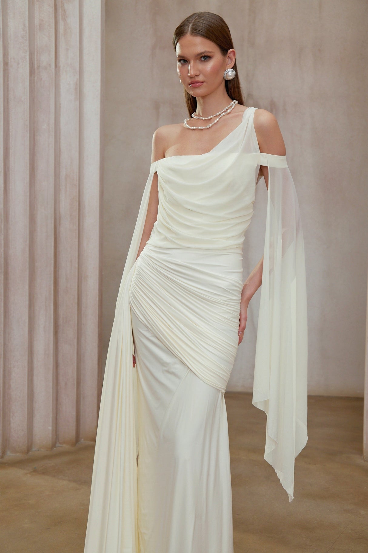 Aurohaya Aurianne White Asymmetrical Draped Maxi Dress