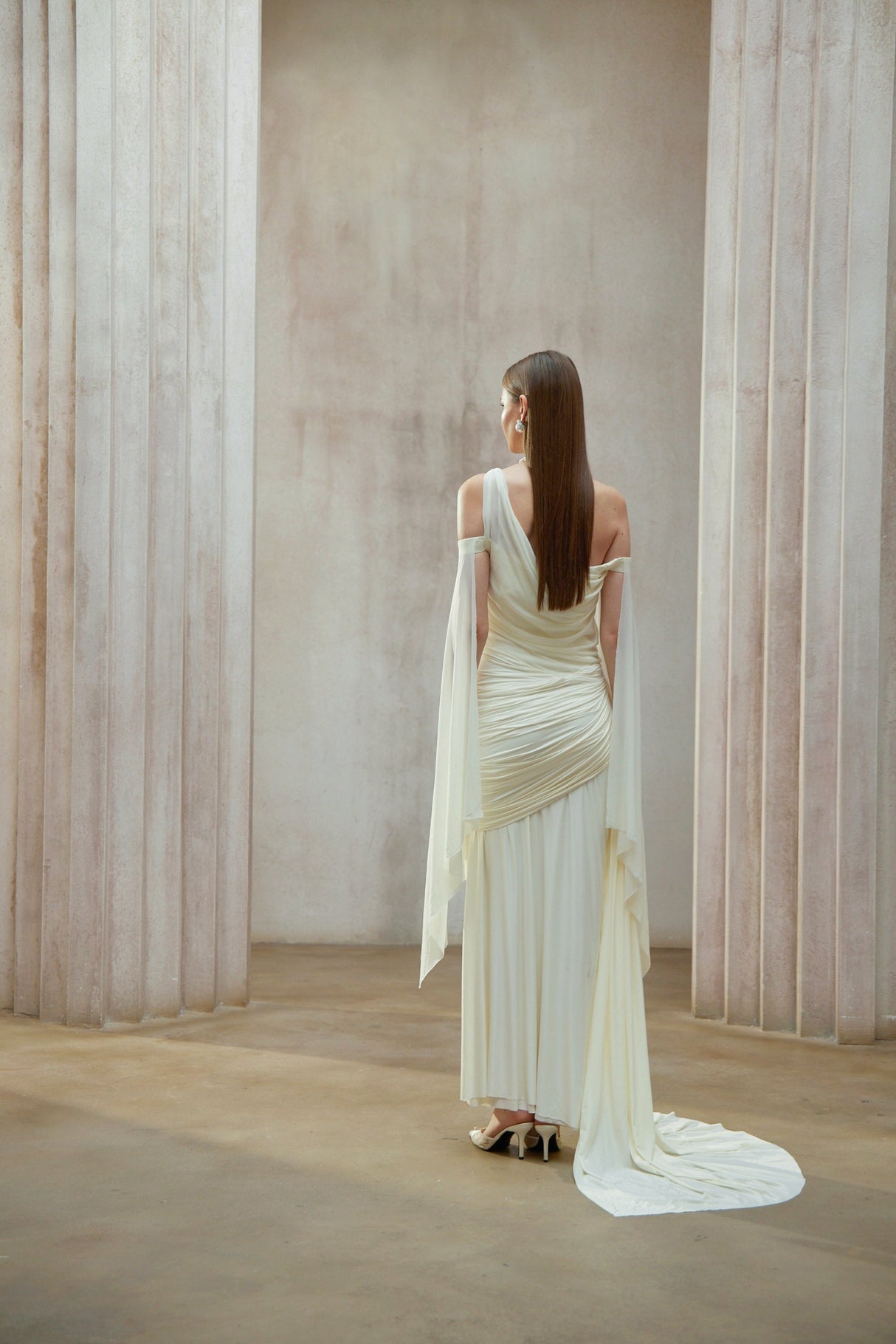 Aurohaya Aurianne White Asymmetrical Draped Maxi Dress