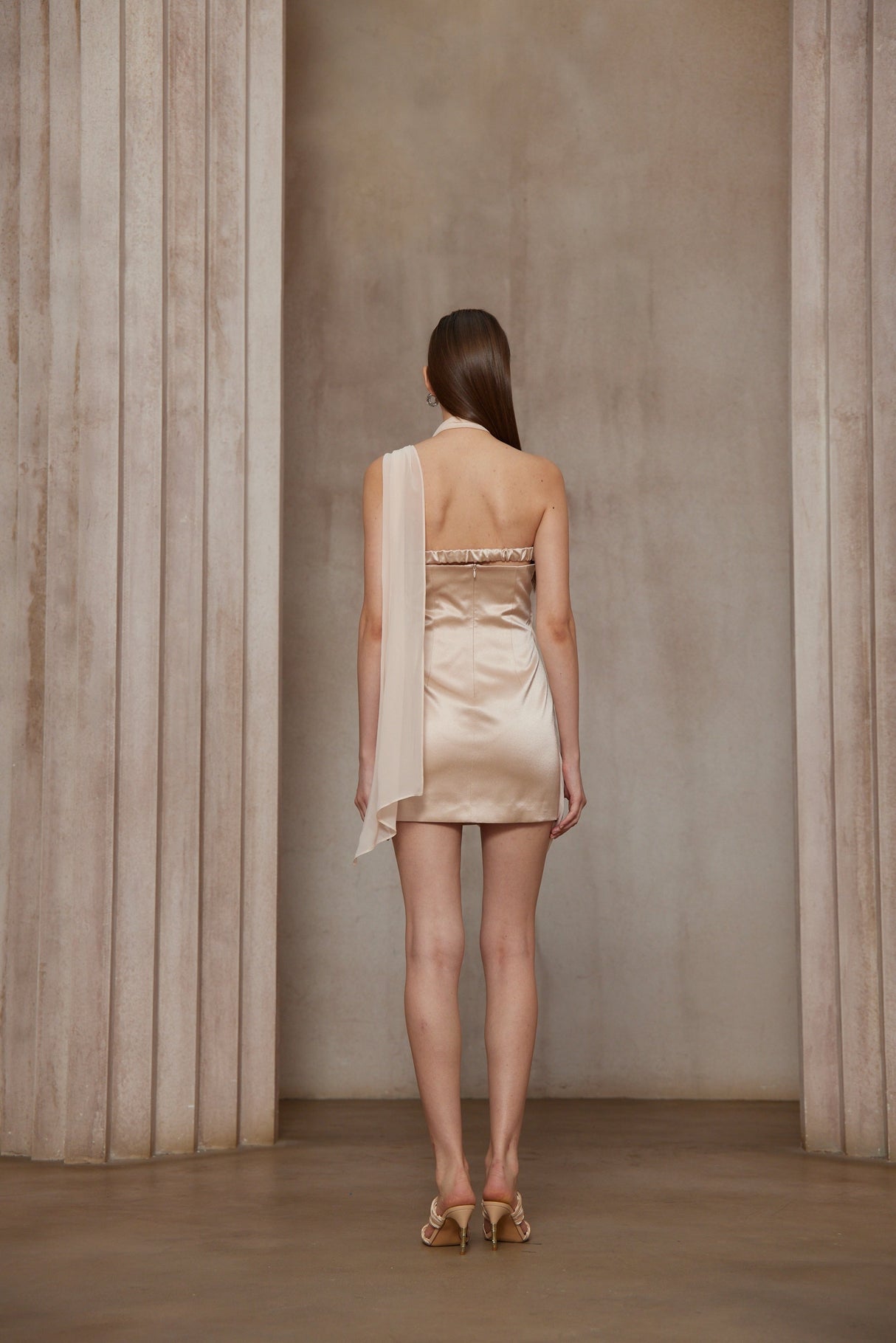 Aurohaya Amber Light Pink Asymmetrical Draped Chiffon Mini Dress