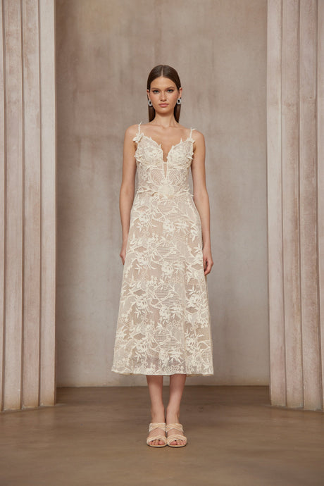 Aurohaya Amber White Sleeveless Floral Lace Midi Dress