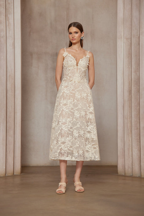 Aurohaya Amber White Sleeveless Floral Lace Midi Dress